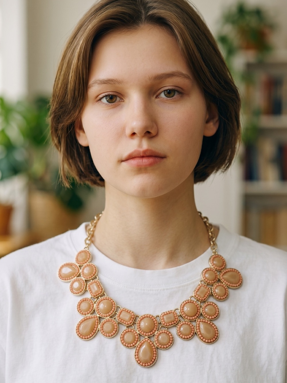 Peach Tan Statement Bib Necklace Gold Tone Faux Stone Beaded Adjustable 21” - Picture 9 of 11